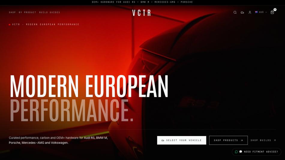 VCTR Performance homepage — modern European performance parts ecommerce site