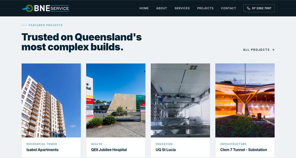 BNE Service website — featured projects across Queensland's most complex builds