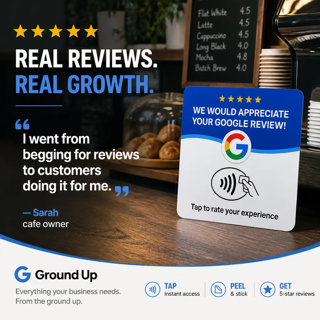 Ground Up NFC review card on a café counter with a customer testimonial
